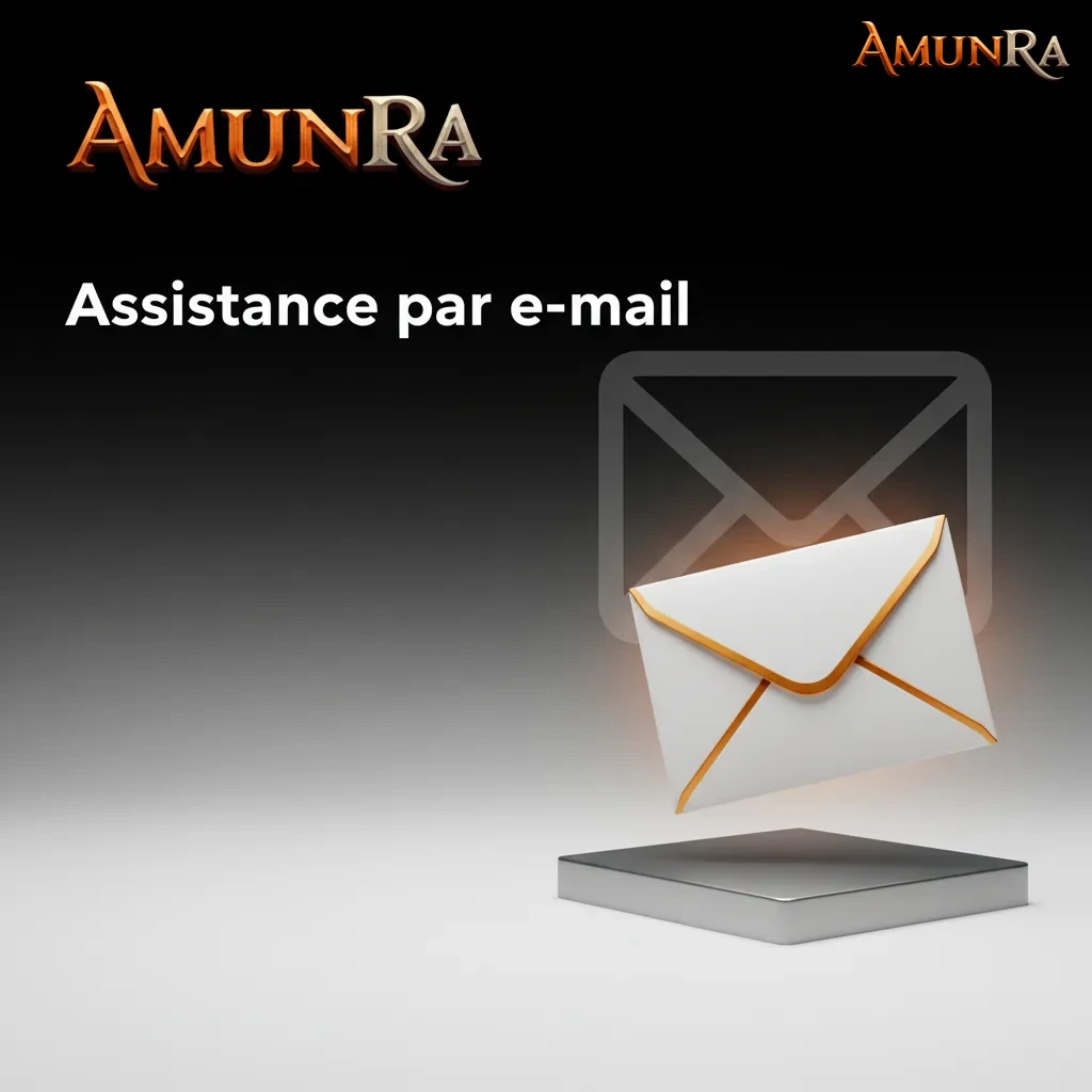 Assistance e‑mail Amunra: enveloppe, checklist, horloge; pièces jointes et réponse sous 2–12 h.